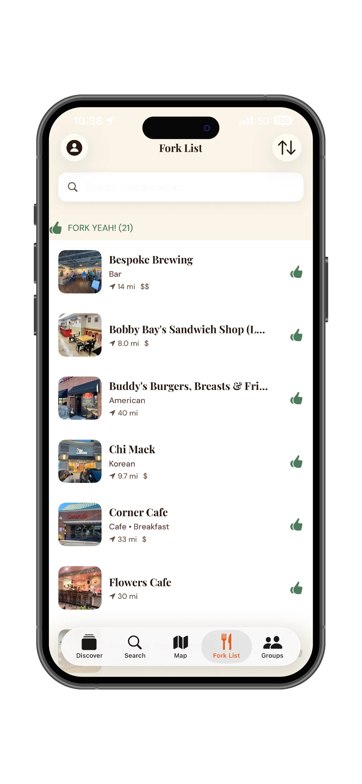 Fork List screen showing saved restaurants organized by Fork Yeah rating